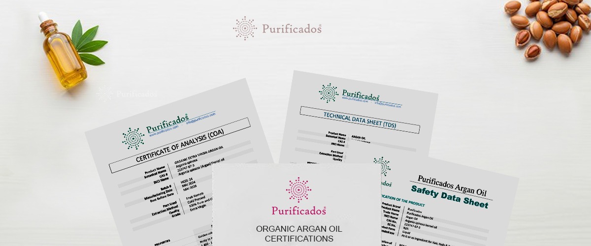 Lot-level COA and export documents for organic argan oil (Purificados)